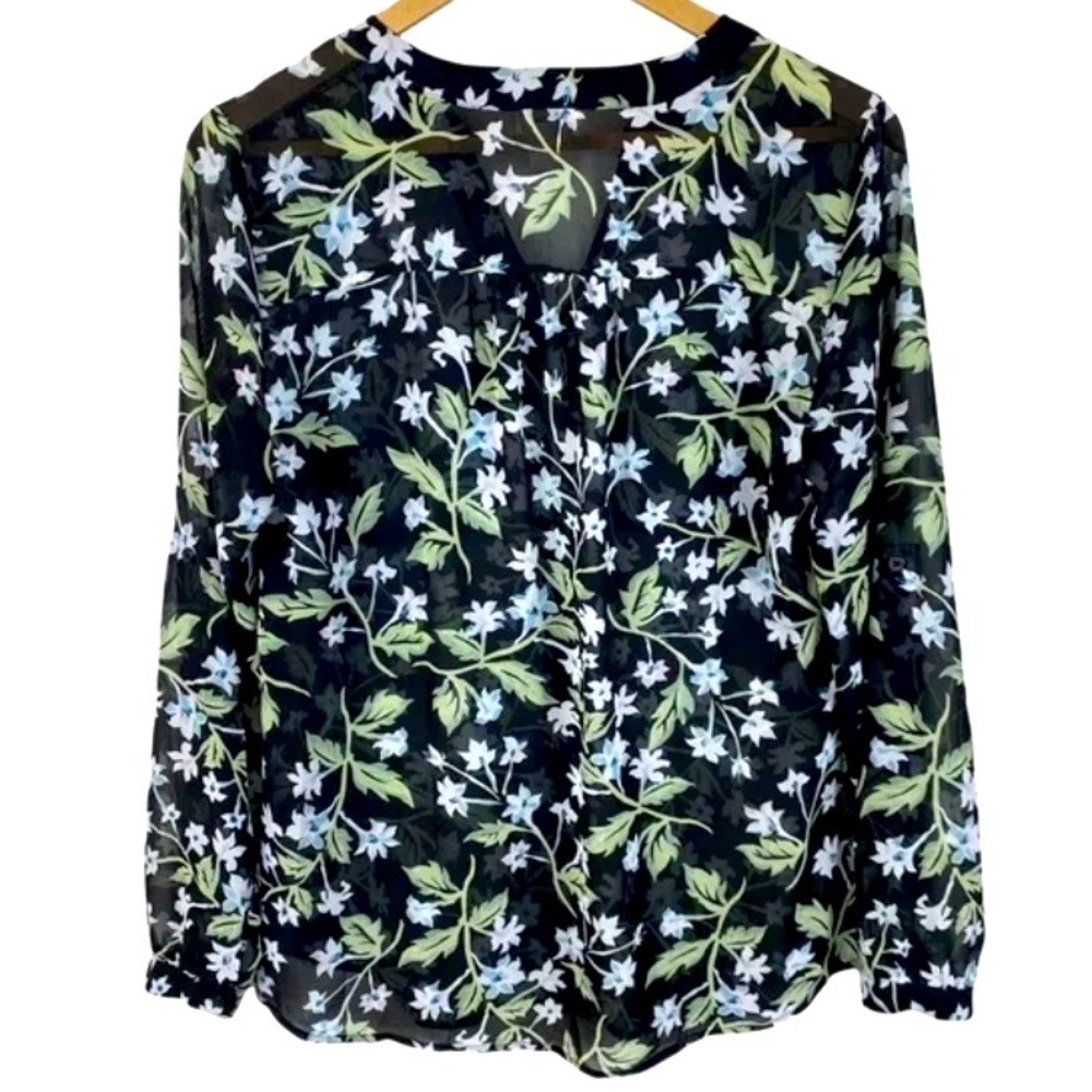 Loft sheer floral collarless button down shirt